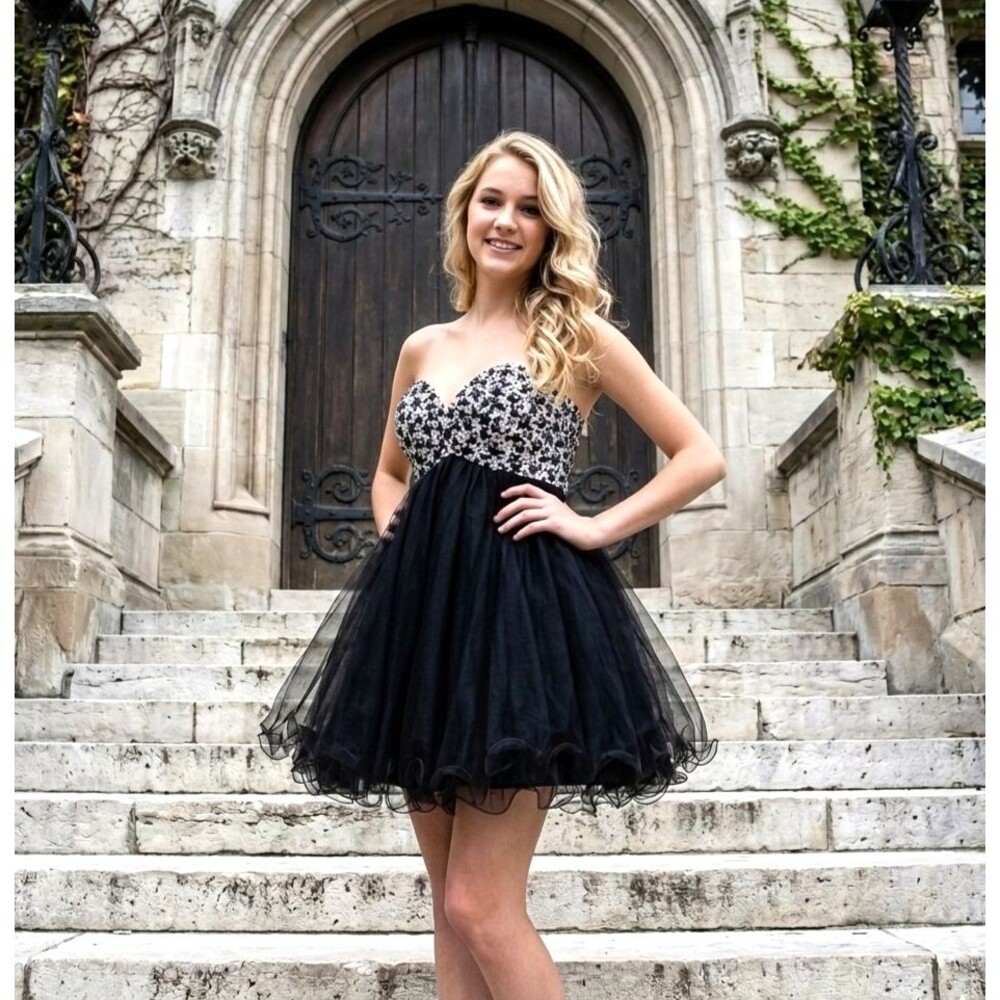Vintage Y2K Whimsigoth Black Sequin Tulle Ruffle Babydoll Homecoming Dress 6